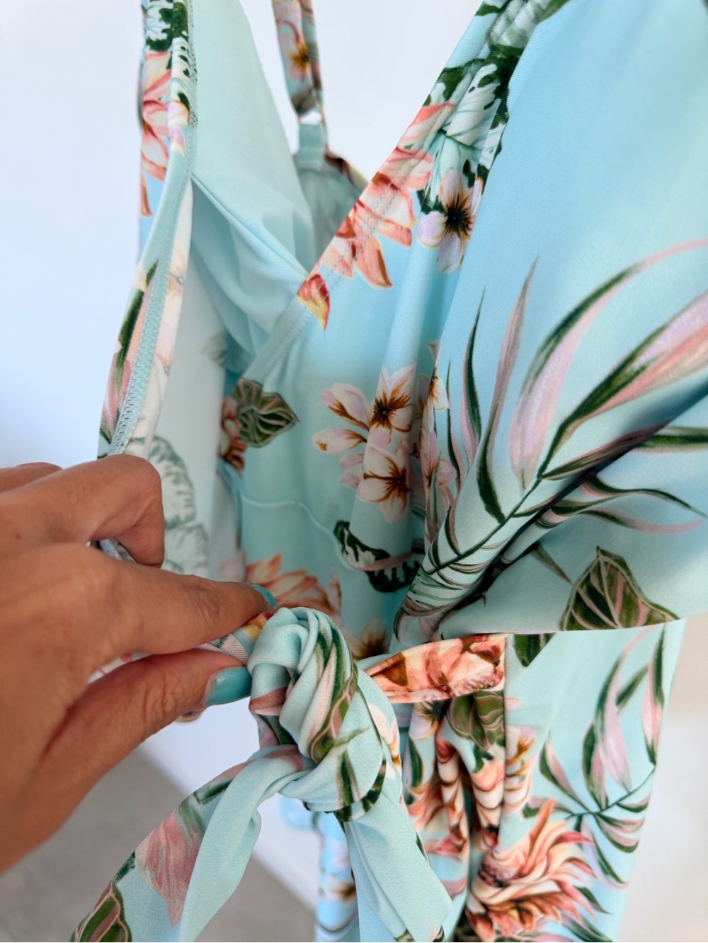 Floral Wrap One-Piece Swimsuit in Light Aqua - Picture 2 of 6